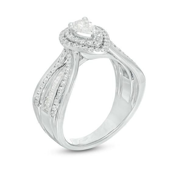 0.95 CT. T.W. Certified Canadian Pear-Shaped Diamond Double Frame Multi-Row Engagement Ring in 14K White Gold (I/SI2)