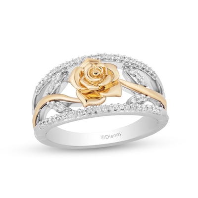 Enchanted Disney Belle 0.18 CT. T.W. Diamond Rose Open Shank Ring in Sterling Silver and 10K Gold