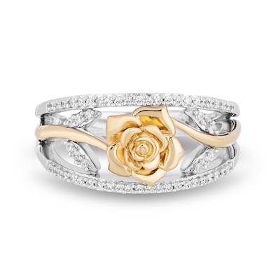 Enchanted Disney Belle 0.18 CT. T.W. Diamond Rose Open Shank Ring in Sterling Silver and 10K Gold