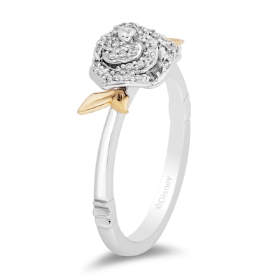 Enchanted Disney Belle 0.145 CT. T.W. Diamond Rose Leaf-Sides Ring in Sterling Silver and 10K Gold