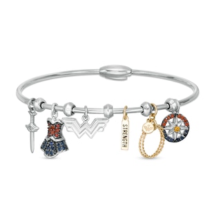 Wonder Woman™ Collection Multi-Gemstone Charm Bangle Bracelet in Sterling Silver and 10K Gold