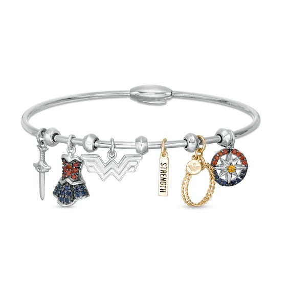 Wonder Woman™ Collection Multi-Gemstone Charm Bangle Bracelet in Sterling Silver and 10K Gold