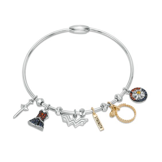 Wonder Woman™ Collection Multi-Gemstone Charm Bangle Bracelet in Sterling Silver and 10K Gold