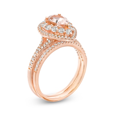 Pear-Shaped Morganite and 0.69 CT. T.W. Diamond Double Frame Bridal Set in 14K Rose Gold