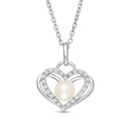 The Kindred Heart from Vera Wang Love Collection Freshwater Cultured Pearl and Diamond Pendant in Sterling Silver-19&quot;