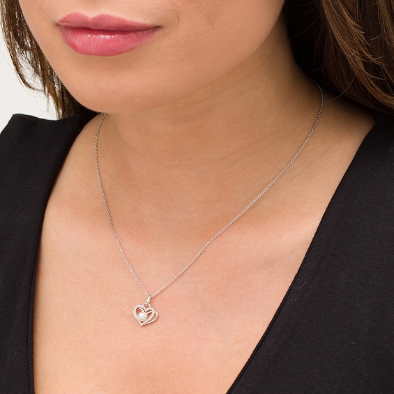 The Kindred Heart from Vera Wang Love Collection Freshwater Cultured Pearl and Diamond Pendant in Sterling Silver-19"