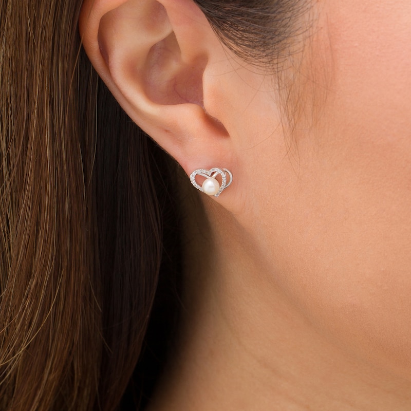 The Kindred Heart from Vera Wang Love Collection Freshwater Cultured Pearl and Diamond Stud Earrings in Sterling Silver