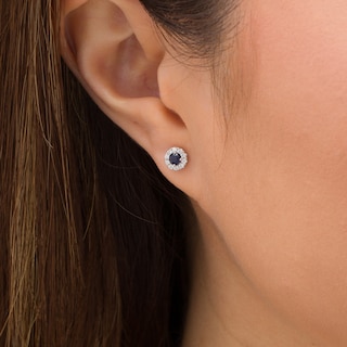 Vera Wang Love Collection 3.0mm Blue Sapphire and 0.146 CT. T.W. Diamond Frame Stud Earrings in Sterling Silver