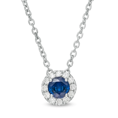 Vera Wang Love Collection 4.0mm Blue Sapphire and 0.085 CT. T.W. Diamond Frame Pendant in Sterling Silver - 19"