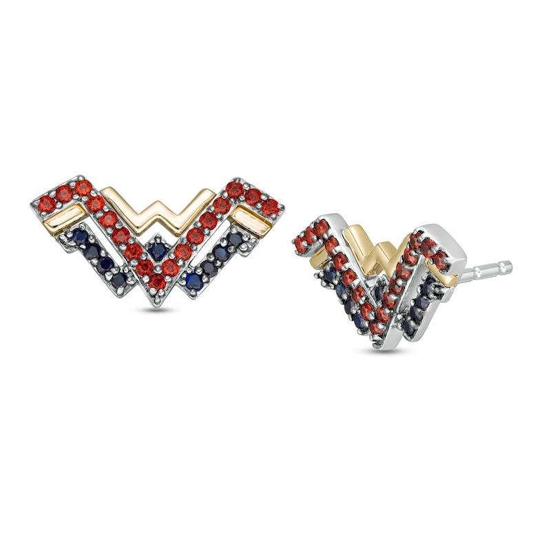 Wonder Woman™ Collection Garnet and Blue Sapphire Symbol Stud Earrings in Sterling Silver and 10K Gold|Peoples Jewellers