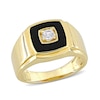 Thumbnail Image 1 of Men's 10.0mm Cushion-Shaped Onyx and Lab-Created White Sapphire Stepped Edge Ring in Sterling Silver with Yellow Rhodium