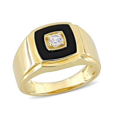 Men's 10.0mm Cushion-Shaped Onyx and Lab-Created White Sapphire Stepped Edge Ring in Sterling Silver with Yellow Rhodium