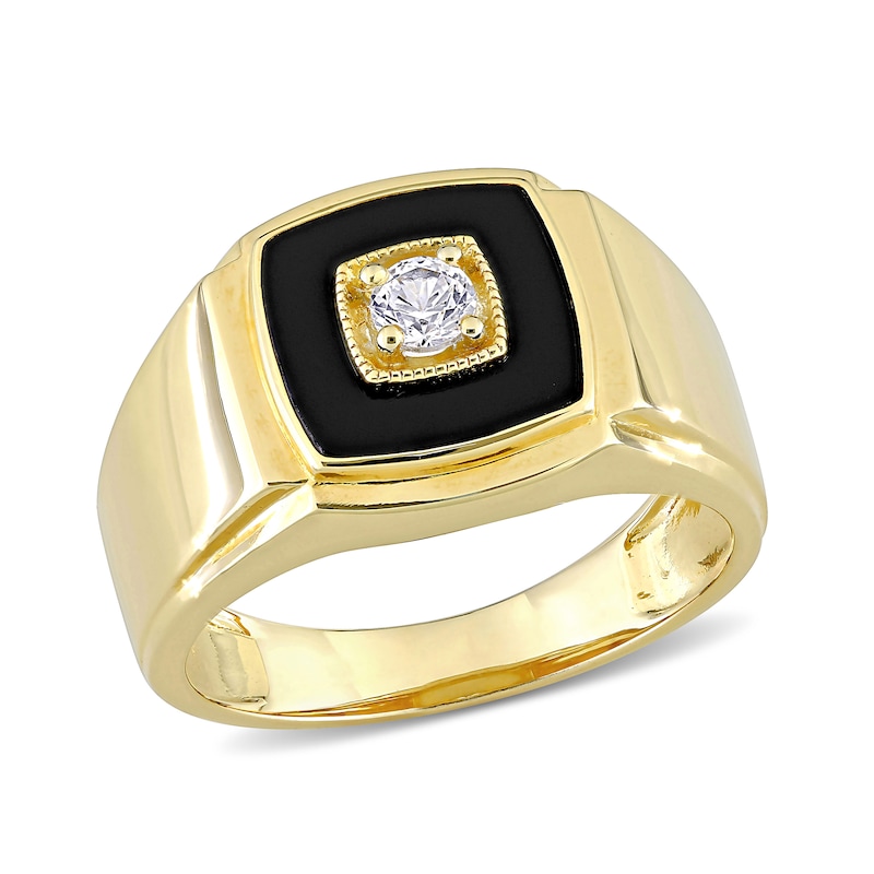 Men's 10.0mm Cushion-Cut Onyx and Lab-Created White Sapphire Stepped Edge Ring in Sterling Silver with Yellow Rhodium|Peoples Jewellers