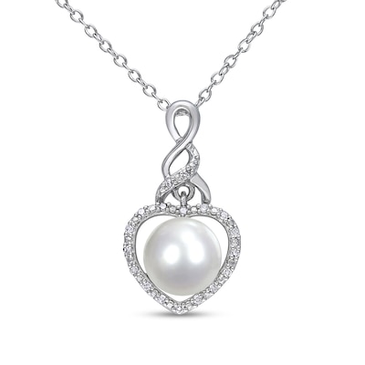 Button Freshwater Cultured Pearl and 0.07 CT. T.W. Diamond Heart Frame Cascading Twist Drop Pendant in Sterling Silver