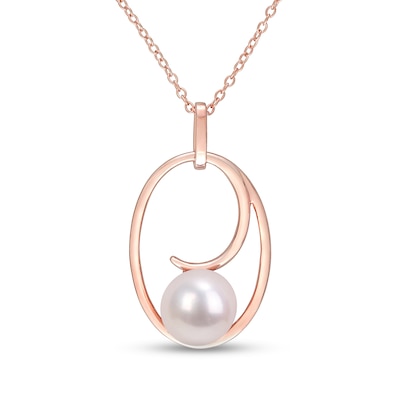 9.0-9.5mm Freshwater Cultured Pearl Open Looping Oval Frame Pendant in Sterling Silver with Rose Rhodium