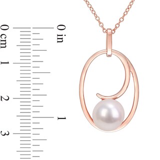 9.0-9.5mm Freshwater Cultured Pearl Open Looping Oval Frame Pendant in Sterling Silver with Rose Rhodium