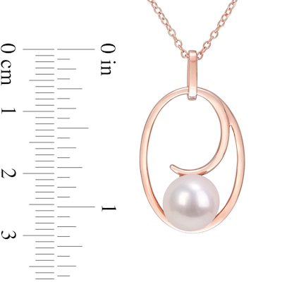 9.0-9.5mm Freshwater Cultured Pearl Open Looping Oval Frame Pendant in Sterling Silver with Rose Rhodium