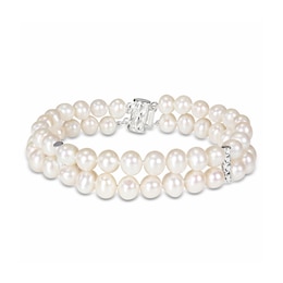 6.5-7.0mm Freshwater Cultured Pearl Barrel Station Double Strand Bracelet in Sterling Silver-7.5&quot;