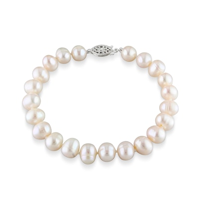 7.5-8.0mm Freshwater Cultured Pearl Strand Bracelet with Sterling Silver Clasp-7.75"