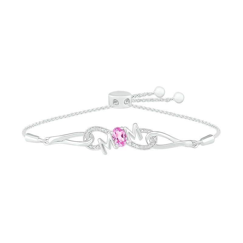 Oval Lab-Created Pink Sapphire and Diamond Accent "MOM" Infinity Side Loop Bolo Bracelet in Sterling Silver - 9.5"