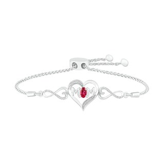 Oval Lab-Created Ruby and 0.04 CT. T.W. Diamond Heart Frame "MOM" Side Infinity Bolo Bracelet in Sterling Silver - 9.5"