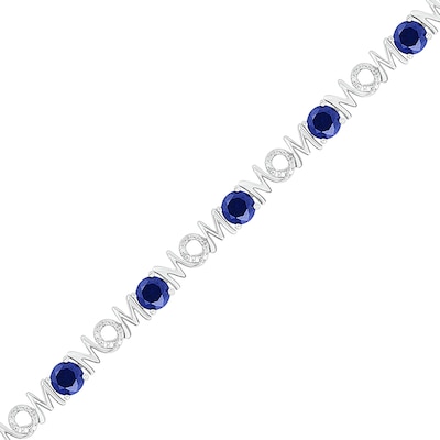 5.0mm Lab-Created Blue Sapphire and 0.09 CT. T.W. Diamond "MOM" Looping Ribbon Bracelet in Sterling Silver - 7.5"