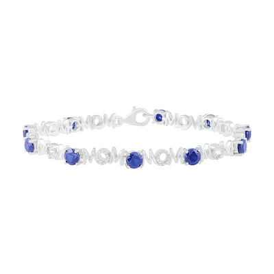 5.0mm Lab-Created Blue Sapphire and 0.09 CT. T.W. Diamond "MOM" Looping Ribbon Bracelet in Sterling Silver - 7.5"