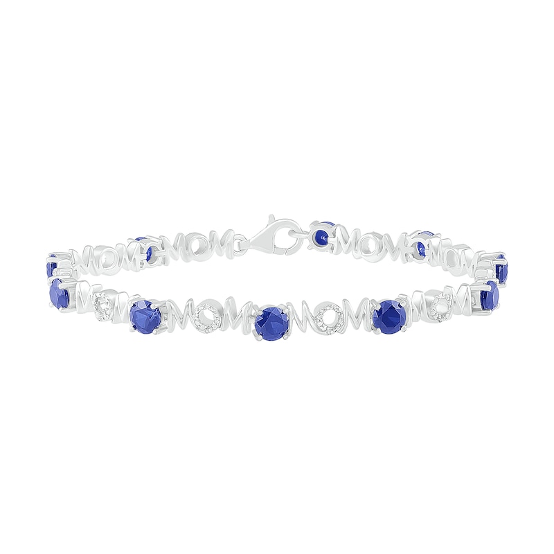5.0mm Lab-Created Blue Sapphire and 0.09 CT. T.W. Diamond "MOM" Looping Ribbon Bracelet in Sterling Silver - 7.5"|Peoples Jewellers
