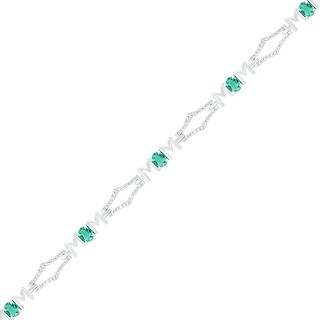 Oval Lab-Created Emerald and 0.09 CT. T.W. Diamond Kite-Shaped Art Deco Link Bracelet in Sterling Silver - 7.5"