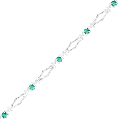 Oval Lab-Created Emerald and 0.09 CT. T.W. Diamond Kite-Shaped Art Deco Link Bracelet in Sterling Silver - 7.5"