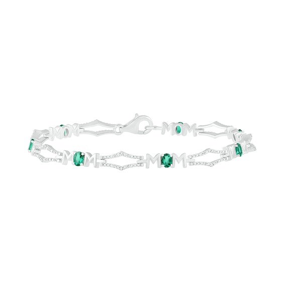 Oval Lab-Created Emerald and 0.09 CT. T.W. Diamond Kite-Shaped Art Deco Link Bracelet in Sterling Silver - 7.5"