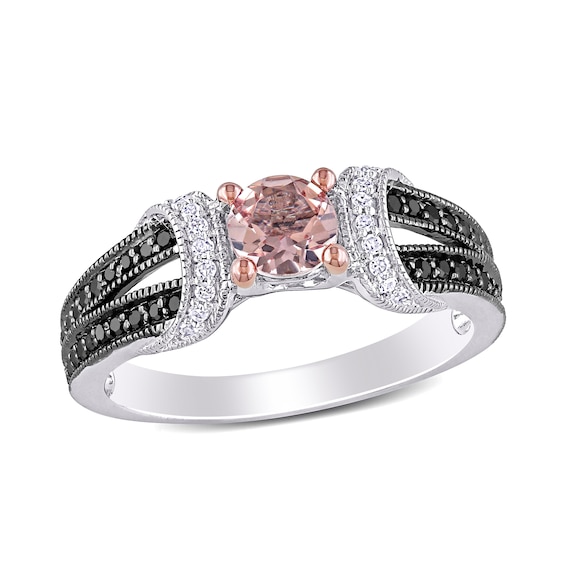 5.0mm Morganite and 0.24 CT. T.W. Enhanced Black and White Diamond Loop Collar Vintage-Style Ring in Sterling Silver