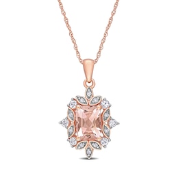 Cushion-Cut Morganite, White Sapphire and 0.05 CT. T.W. Diamond Ornate Leaf Frame Pendant in 10K Rose Gold - 17&quot;