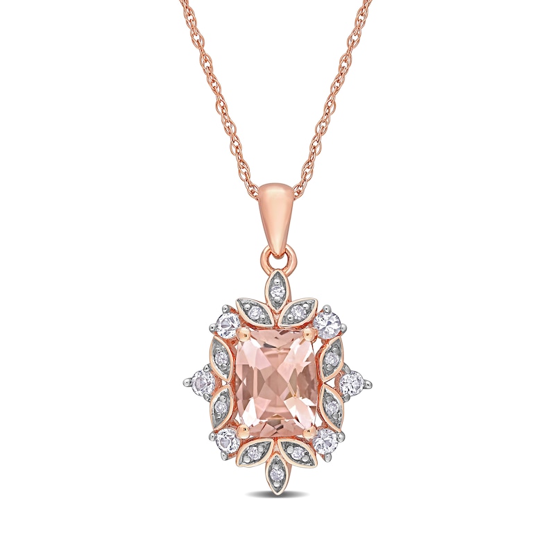 Cushion-Cut Morganite, White Sapphire and 0.05 CT. T.W. Diamond Ornate Leaf Frame Pendant in 10K Rose Gold - 17"|Peoples Jewellers