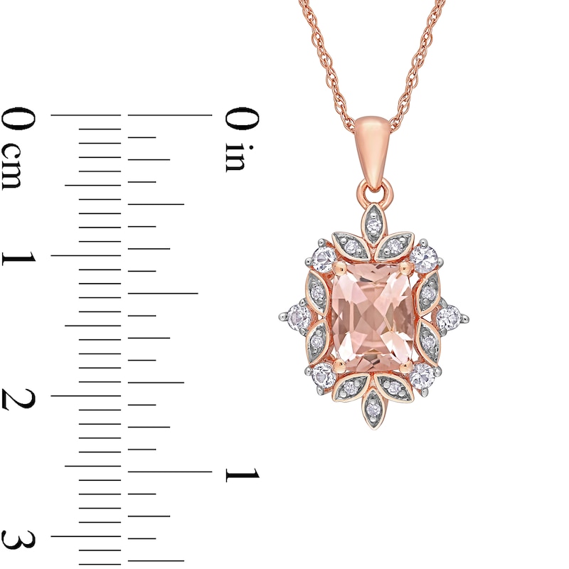 Cushion-Cut Morganite, White Sapphire and 0.05 CT. T.W. Diamond Ornate Leaf Frame Pendant in 10K Rose Gold - 17"