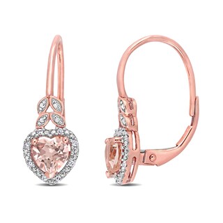 5.0mm Heart-Shaped Morganite and 0.04 CT. T.W. Diamond Bead Frame Leaf Drop Earrings in 10K Rose Gold