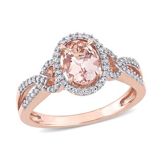 Oval Morganite and 0.19 CT. T.W. Diamond Frame Pointed Split Shank Buckle Ring in 14K Rose Gold