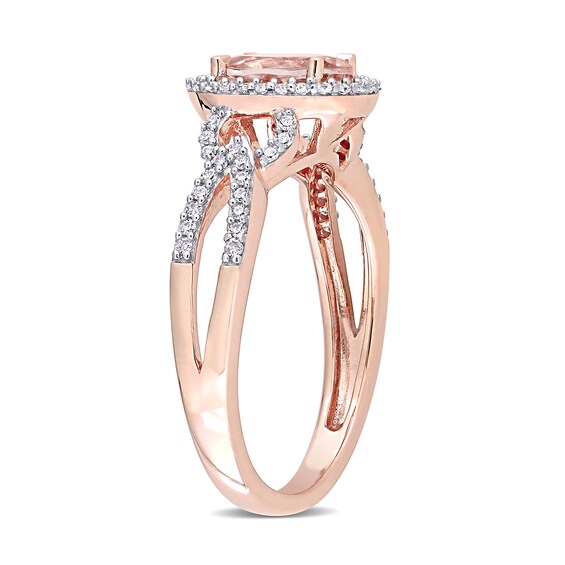 Oval Morganite and 0.19 CT. T.W. Diamond Frame Pointed Split Shank Buckle Ring in 14K Rose Gold