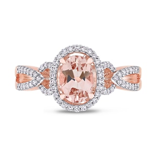 Oval Morganite and 0.19 CT. T.W. Diamond Frame Pointed Split Shank Buckle Ring in 14K Rose Gold