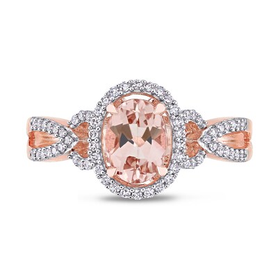 Oval Morganite and 0.19 CT. T.W. Diamond Frame Pointed Split Shank Buckle Ring in 14K Rose Gold