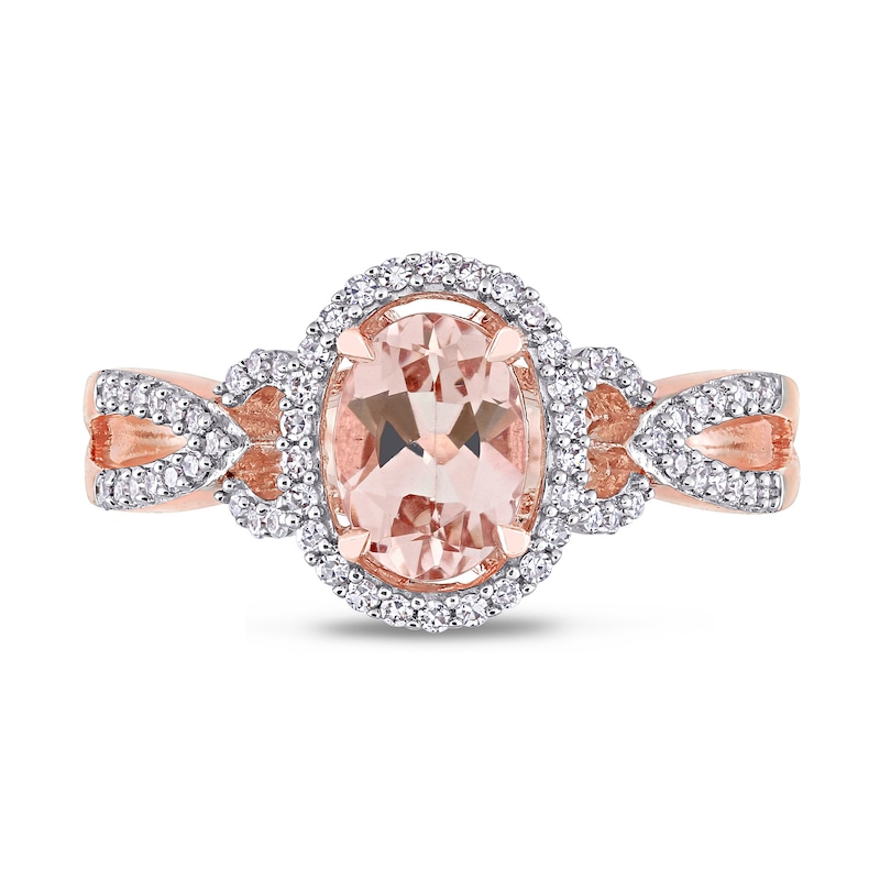Oval Morganite and 0.19 CT. T.W. Diamond Frame Pointed Split Shank Buckle Ring in 14K Rose Gold|Peoples Jewellers