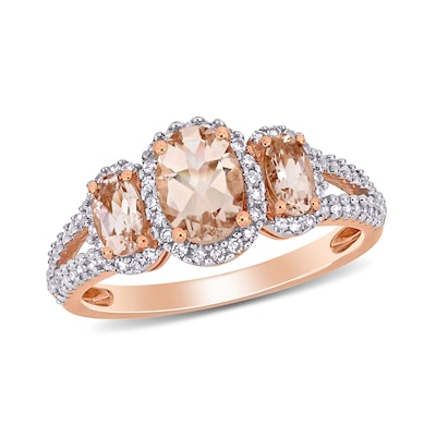 Oval Morganite and 0.34 CT. T.W. Diamond Frame Three Stone Split Shank Ring in 14K Rose Gold