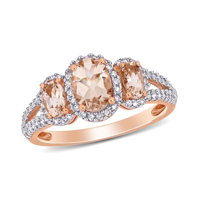 Oval Morganite and 0.34 CT. T.W. Diamond Frame Three Stone Split Shank Ring in 14K Rose Gold|Peoples Jewellers
