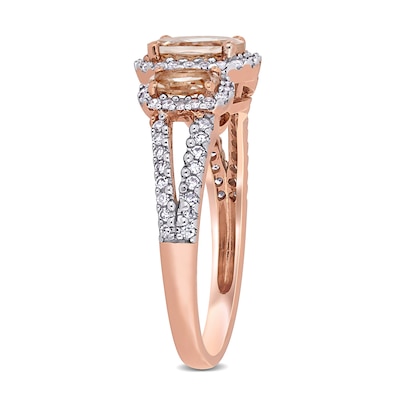 Oval Morganite and 0.34 CT. T.W. Diamond Frame Three Stone Split Shank Ring in 14K Rose Gold