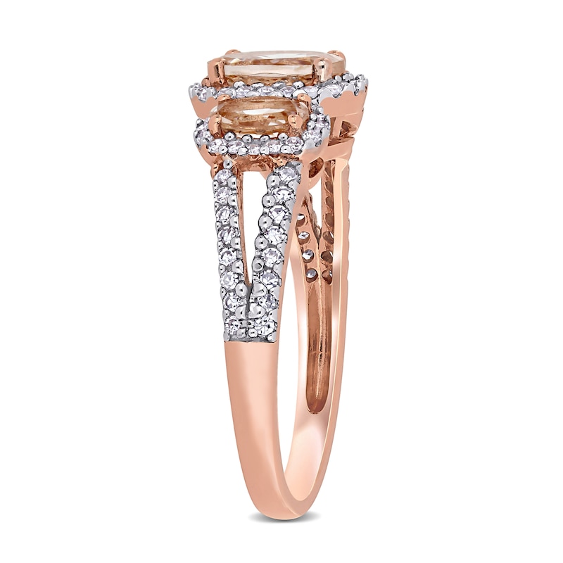 Oval Morganite and 0.34 CT. T.W. Diamond Frame Three Stone Split Shank Ring in 14K Rose Gold|Peoples Jewellers