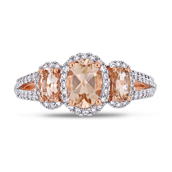 Oval Morganite and 0.34 CT. T.W. Diamond Frame Three Stone Split Shank Ring in 14K Rose Gold