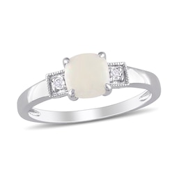 6.0mm Cushion-Shaped Cabochon Opal and 0.04 CT. T.W. Diamond Vintage-Style Ring in Sterling Silver