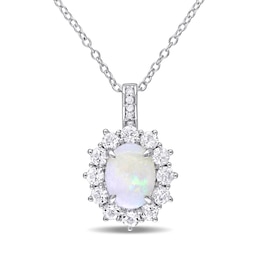 Oval Opal, White Topaz and Diamond Accent Starburst Frame Drop Pendant in Sterling Silver