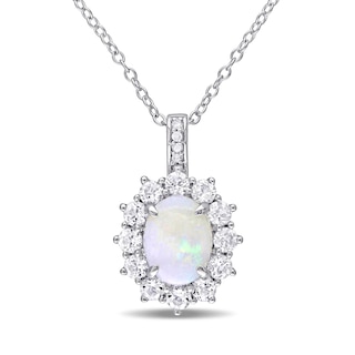 Oval Opal, White Topaz and Diamond Accent Starburst Frame Drop Pendant in Sterling Silver