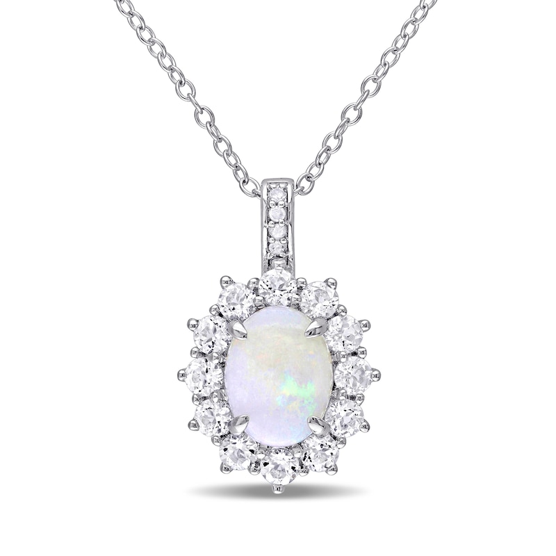 Oval Opal, White Topaz and Diamond Accent Starburst Frame Drop Pendant in Sterling Silver|Peoples Jewellers